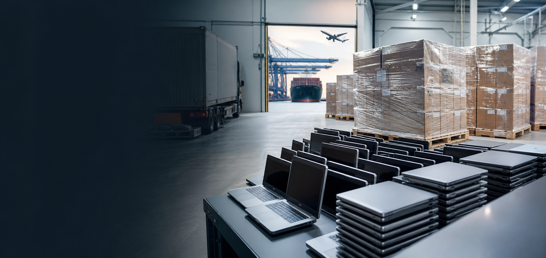 Bulk used laptops prepared for export logistics