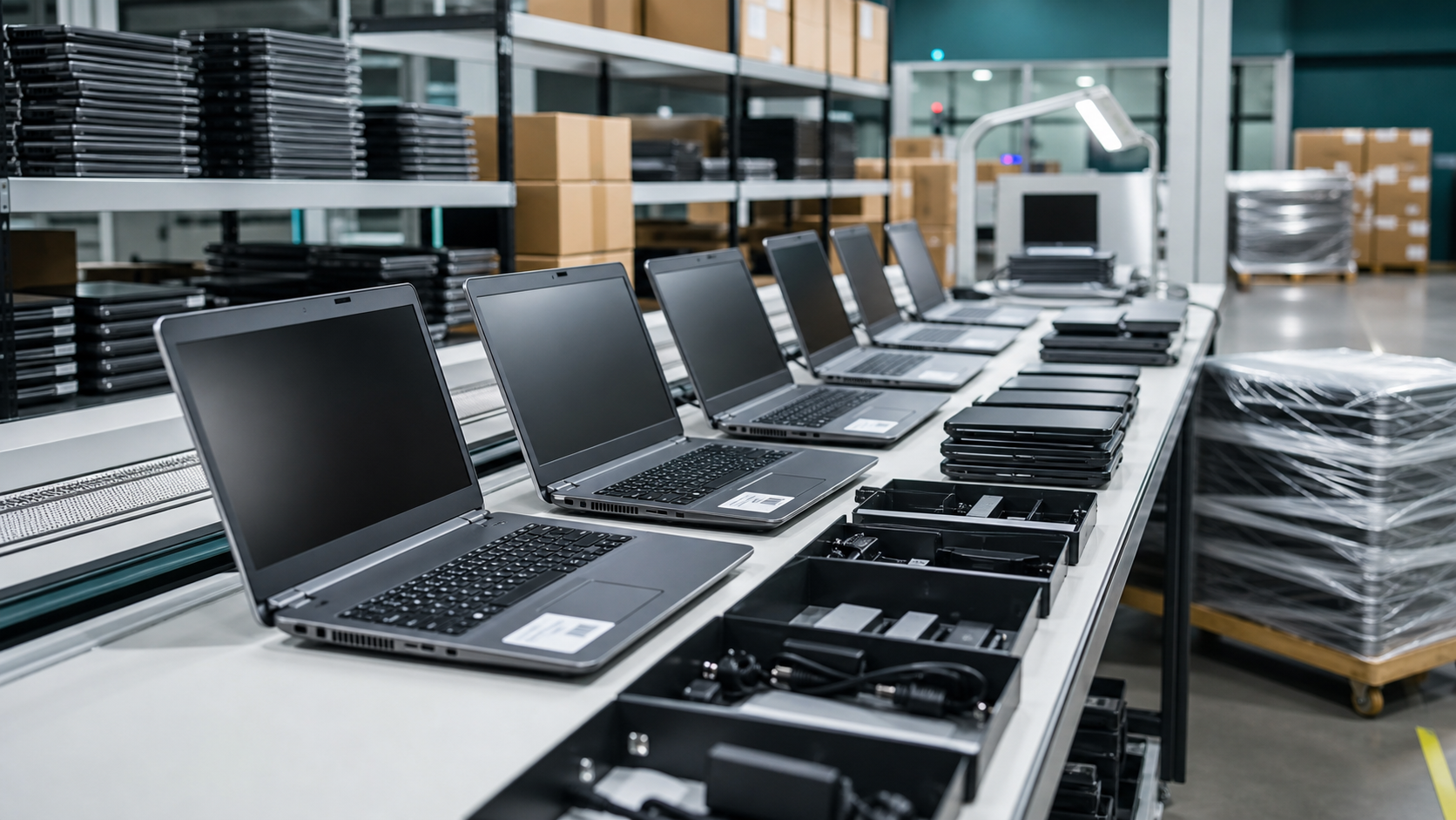 Used business laptops arranged for inspection and testing
